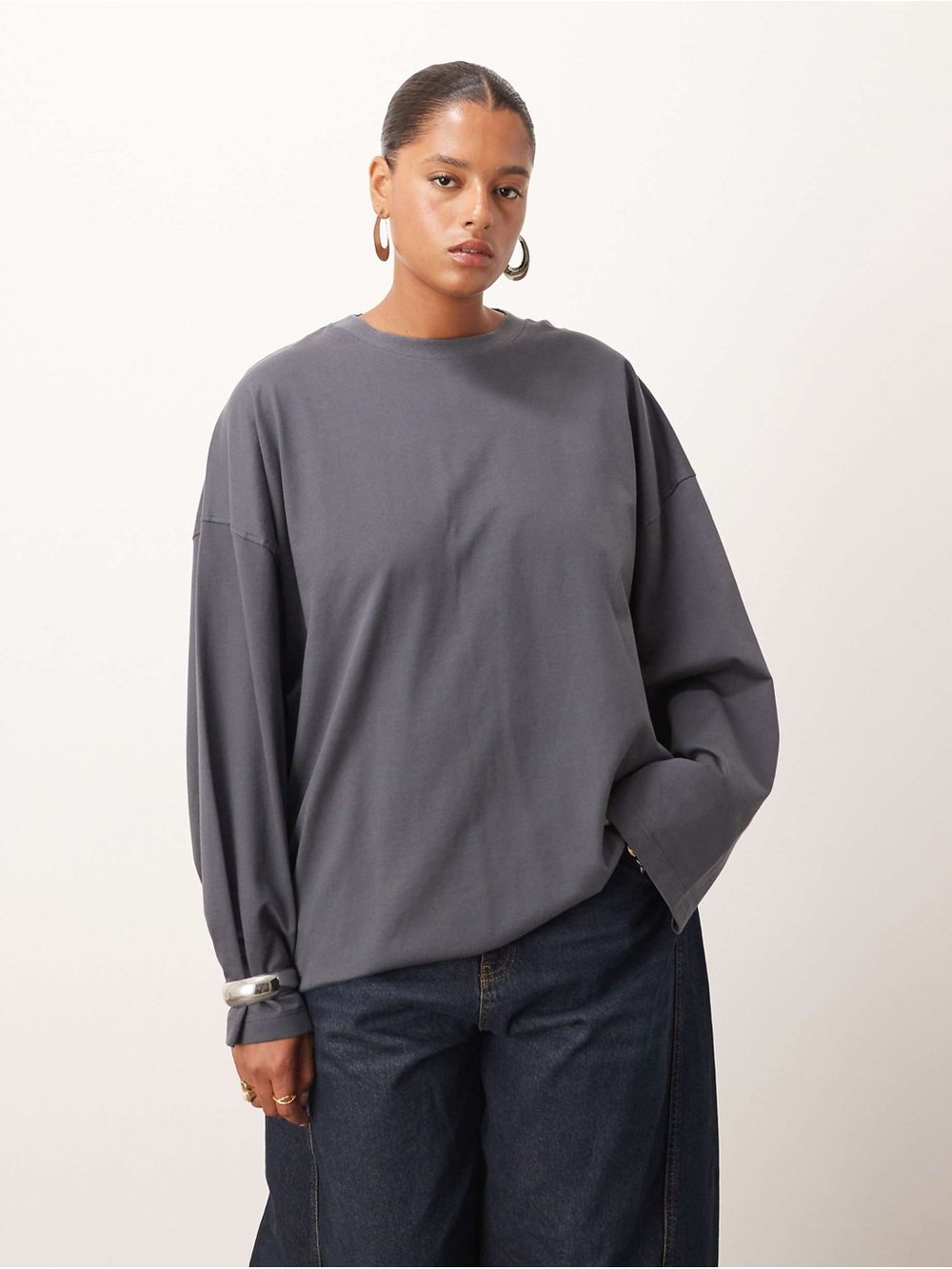 ASOS EDITION Washed Blue Oversized Boxy Long Sleeve Cotton Tee Size Small